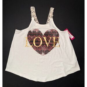 NEW Xhilaration Gils Shirt XL 14 16 ivory pink black tank top crochet LOVE heart